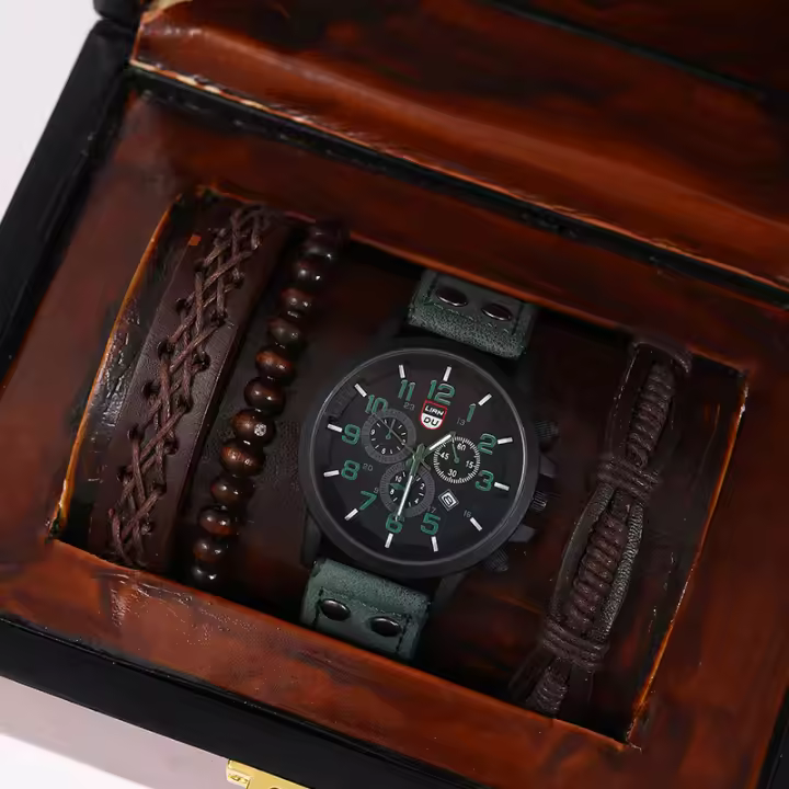 Set De 4 Relojes Deportivos Para Hombre Moda Negocios Cuarzo Pulsera De Cuero Marrón Reloj Casual Para Varones - 1