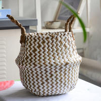 Bolsa De Almacenamiento Bohemia De Paja Con Estampado Rayado Y Florales Hecha a Mano Plegable Para Ropa Jardín Maceta - details 16