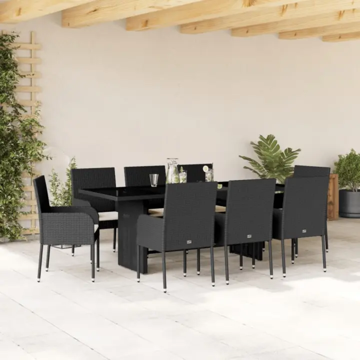 vidaXL Set de comedor de jardín 9 pzas y cojines ratán sintético negro - 1