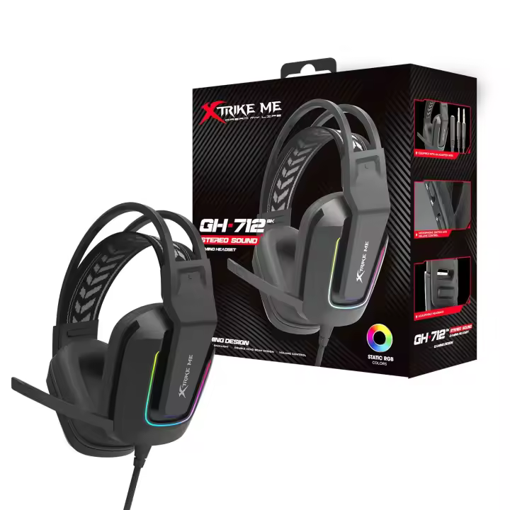 AUDIFONOS GAMING XTRIKE ME CON MICROFONO EXTERNO ALAMBRICO / JACK 3.5MM + USB (LED RGB) / CONTROL VOLUMEN / NEGROS - 1