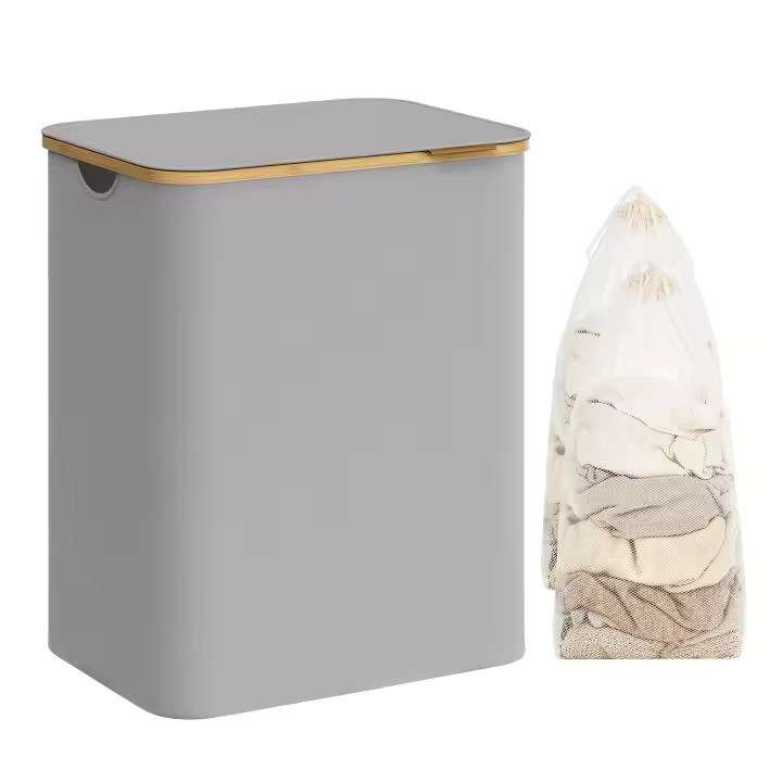 SONGMICS Cesto de Ropa Sucia con Tapa, Gran Cesta Colada de 2 Secciones, 130 L/65 L, Forro de Malla Extraíble, Tejido Oxford, Asas Bambú, Plegable, 52 x 38,5 x 70,5 cm/42 x 22,5 x 70,5 cm, Negro Tinta/Gris Paloma/Blanco Crema - 1