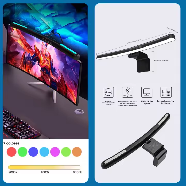 Lámpara De Escritorio LED RGB Para Monitor De Computadora Barra De Iluminación Colgante Para Juegos Y Lectura Decoración De Habitación Curva Dimmable USB Incluye Bombillas - 1