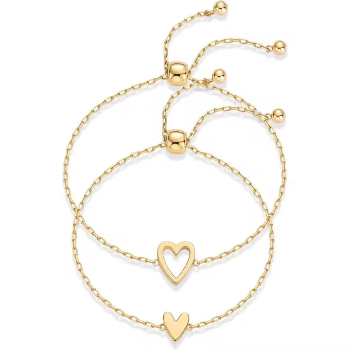 14K Chapado en oro a juego Corazón encanto Solitaire pulsera Conjunto para las mujeres | Ajustable Amor Amistad dos pulsera Pack - 1