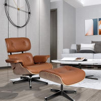 EU Stock TY305 Classic Recliner Light Walnut Armchair With Light Brown Cowhide Black Big Head Foot Swivel Lounge Chair Furniture Office Lunch Break Chair Living Room Comfort Lounge Chair Genuine Top Layer Cowhide Aluminum Alloy Big Head Feet - details 7
