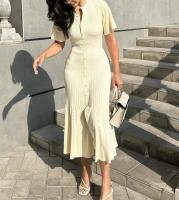 Vestido Tejido De Pescuezo Slimming Estilo Europeo Y Americano Nuevo Verano 2024 Cintura Delgada Hueco A-Line Manga Corta Cuello Redondo Streetwear Longitud Media Pierna Para Mujer - details 1