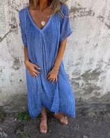 Falda Casual De Verano Manga Larga Cuello V Color Sólido Algodón Y Lino Ajuste Suave Vestido Midi Para Mujer - details 3