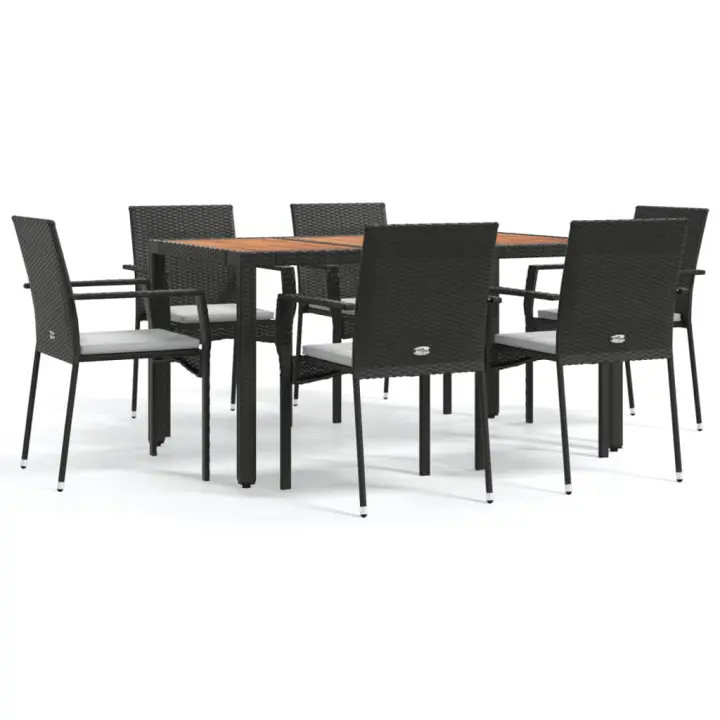 vidaXL Set de comedor de jardín 7 pzas y cojines ratán sintético negro - 1