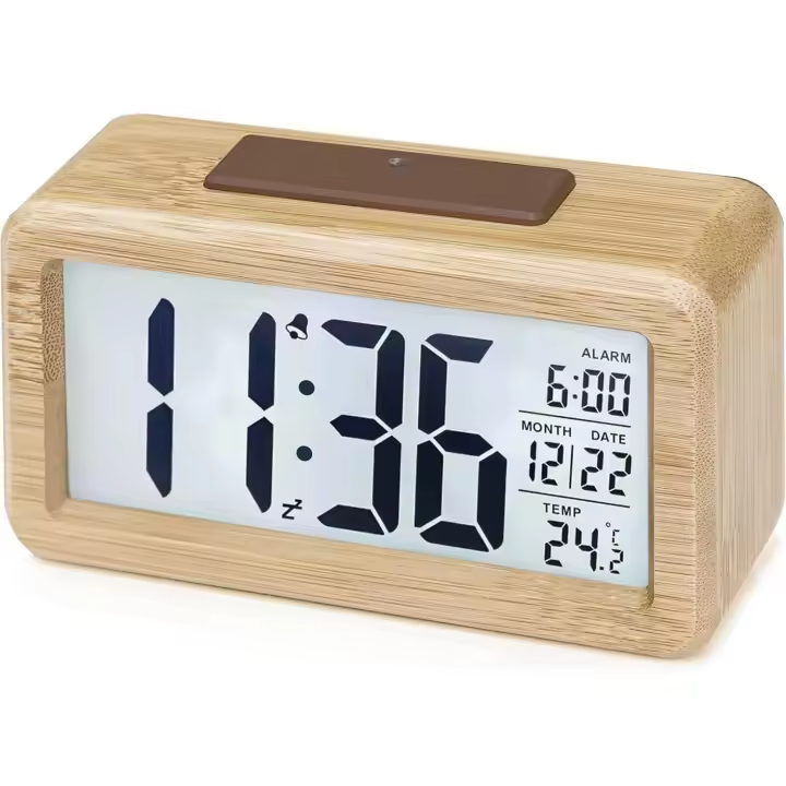 Reloj despertador digital, reloj de noche de madera con pantalla LCD grande retroiluminada, temperatura, función de repetición, bambú - 1