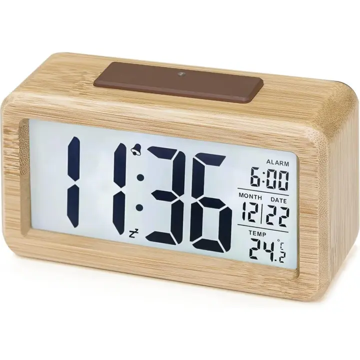 Reloj despertador digital, reloj de noche de madera con pantalla LCD grande retroiluminada, temperatura, función de repetición, bambú - 1
