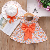 Conjunto De 2 Vestidos Y Sombreros Para Niñas Verano Estampado Floral Con Lazo Sleeves Volantes Con Suspensión Vestido De Polyester Para Bebés De 1-2 Años - details 3