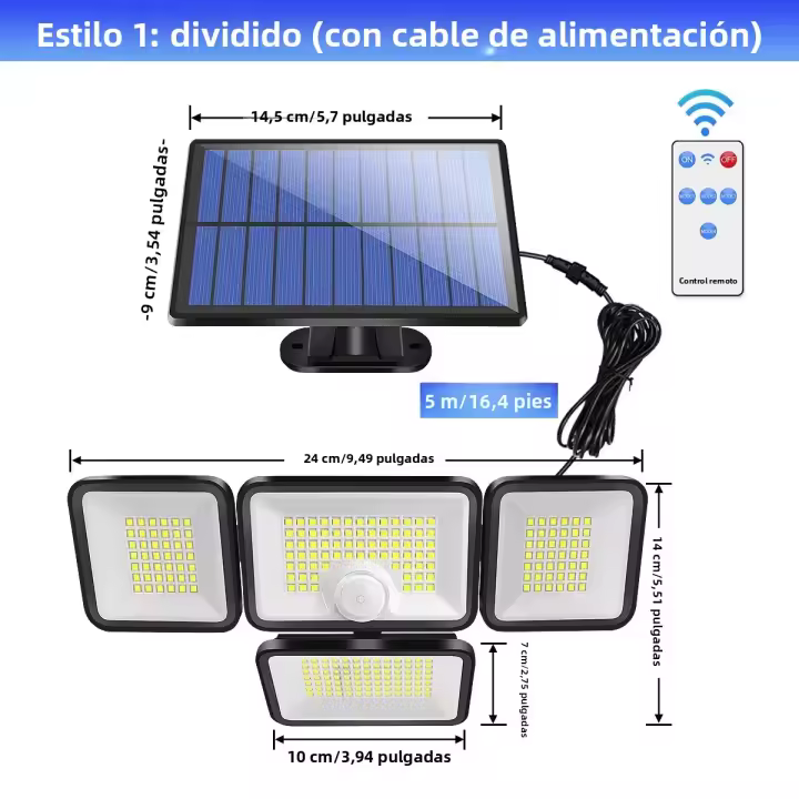 Lámpara Solar Exterior IP65 800lm Con Control Remoto Y 4 Cabezas Luz De Calle Solar Para Exterior 247 LED Resistente Al Agua Y Al Sol - 1