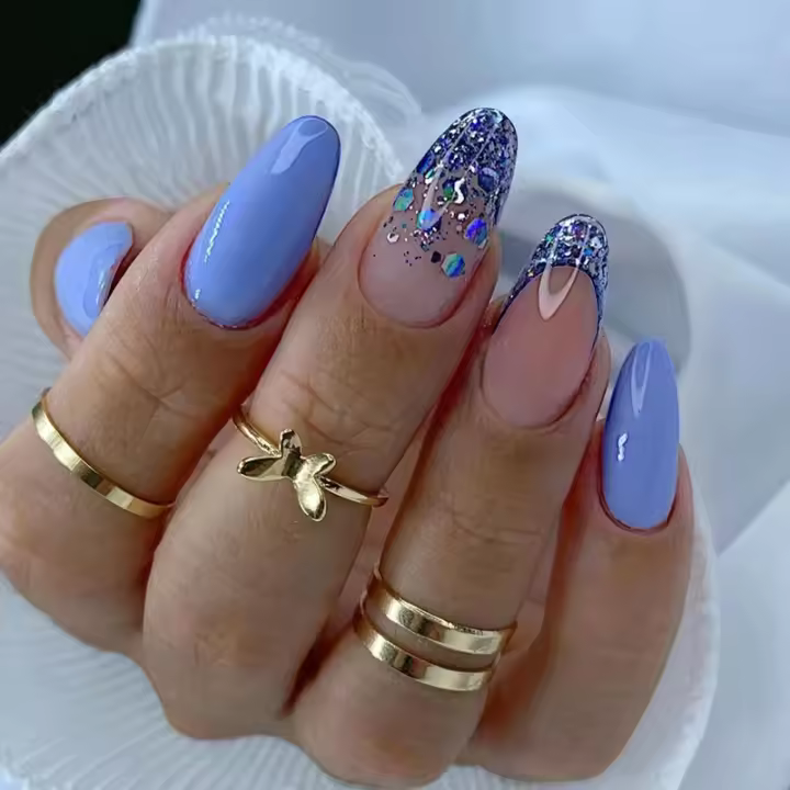 24pcs Uñas Postizas De Acrílico Almendra Con Diseño Gradient Azul Falso Cuidado De Uñas Artificiales Removible Impermeable Para Mujeres Y Niñas - 1