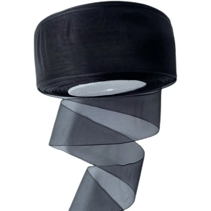 Cinta de organza negra de 25 m y 40 mm de ancho con borde tejido | Para manualidades - 1