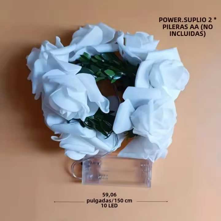 Luz De Rosas Blancas Con Hojas Verdes Y Vine De 10 LEDs 1.5M Luces Decorativas Para Jardín Y Casa Operadas Por Batería - 1