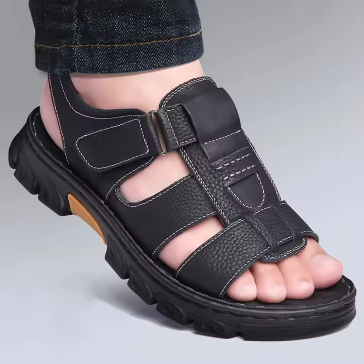 Sandalias Para Hombre Ajustables De Color Sólido Con Suela De Goma Duradera Y Comodidad Respirable PU Para Caminar Al Aire Libre - 1