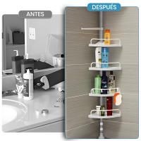 Ruhhy, Estantería de Ducha Esquinera Extensible 200-300cm con 4 Baldas Ajustables y Gancho | Estante de Baño sin Taladro en Rincón | Organizador Vertical para Gel Champú Toallas - Blanco y Acero Inoxidable - details 0