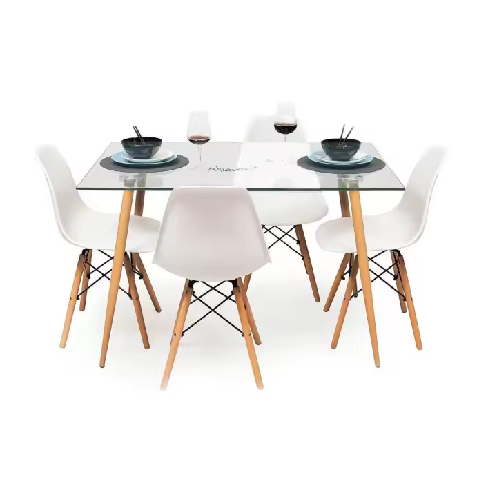 Pack Mesa de Cristal Templado 110CM + 4 Sillas Estilo Nordico Blanco - 1