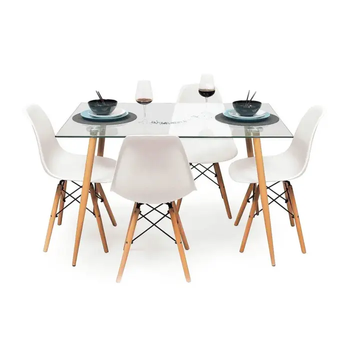 Pack Mesa de Cristal Templado 110CM + 4 Sillas Estilo Nordico Blanco - 1
