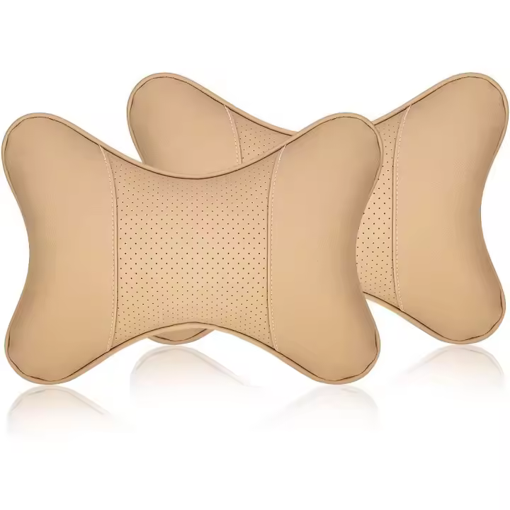 Almohada para el cuello del coche 2 piezas de cuero PU almohada de viaje para reposacabezas soporte para el cuello para asiento de coche (Beige) - 1
