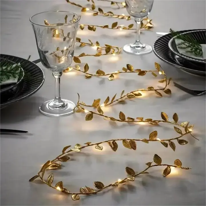 Cadena De Luces LED De 20 LEDs Pequeñas Hojas Doradas 2M Con Pilas Incluidas Para Decoración De Bodas Y Fiestas En Casa Navidad DIY - 1