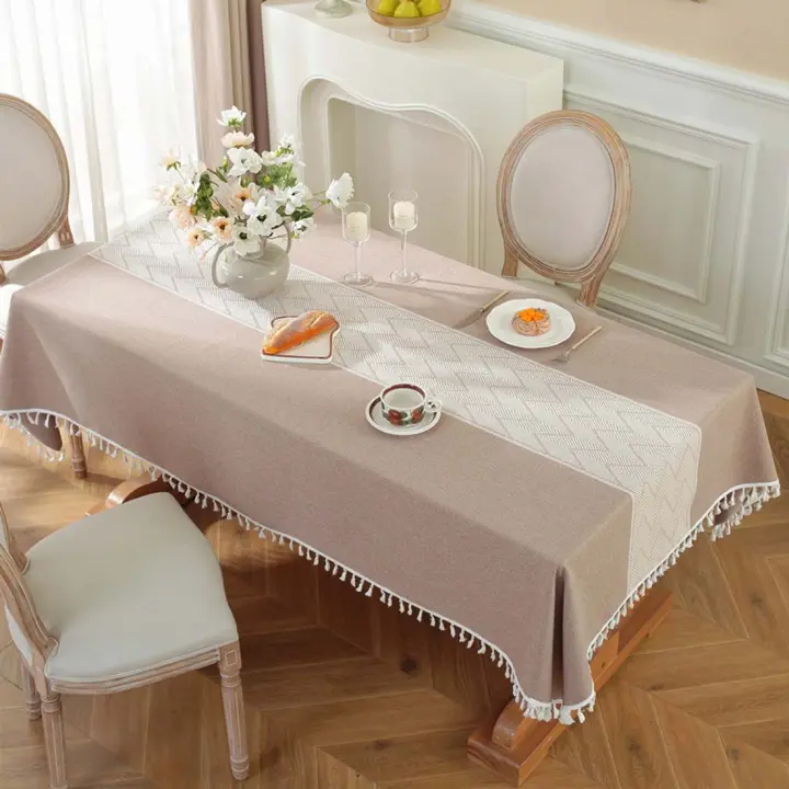 Mantel rectangular impermeable para el hogar, mantel de tela para mesa de centro con borlas, marrón, 140x220cm - 1