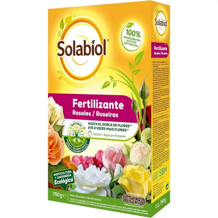 Fertilizante completo para rosales y plantas de flor apto para agricultura ecológica granulado 750gr - Solabiol - 1