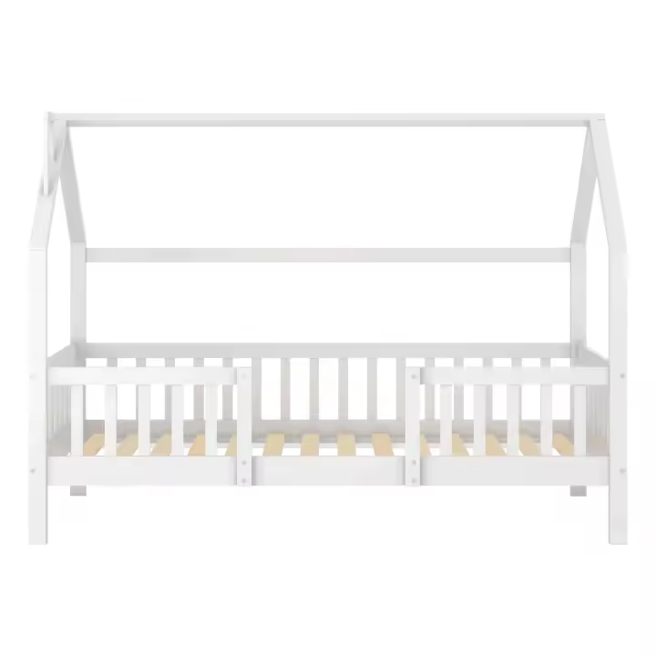 Cama de Cabaña Infantil con Diseño de Chimenea Decorativo 90x200 cm - Pino Natural Robust, Marco Estructural de Listones de Madera, Color Blanco Luminoso (Sin Colchón) - 1