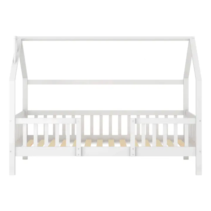 Cama de Cabaña Infantil con Diseño de Chimenea Decorativo 90x200 cm - Pino Natural Robust, Marco Estructural de Listones de Madera, Color Blanco Luminoso (Sin Colchón) - 1