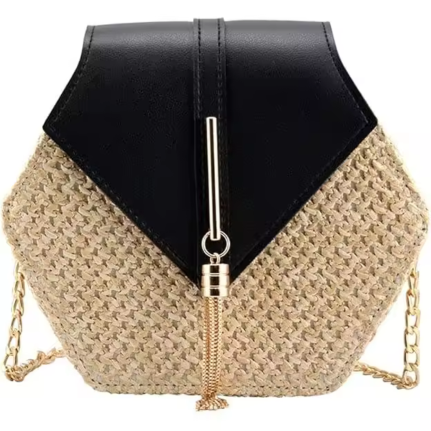 Bolso De Hombre De Paja Hexagonal Yogodlns Para Mujer Estilo Bohemio Hecho en Mano Bolso De Playa Verano With Cadena Cruzada - 1