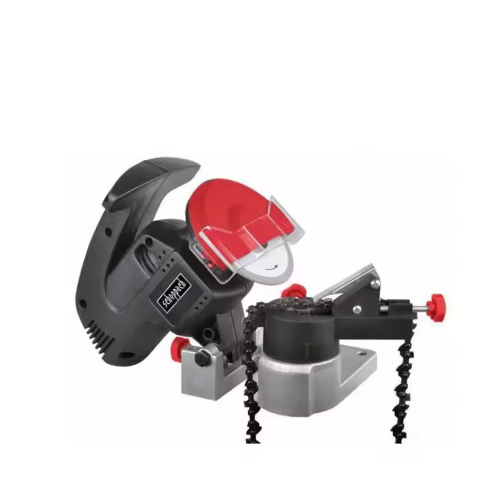 Scheppach chain sharpener with 100mm abrasive disc, robust housing, spark protection, and compact design for all chain types, ideal for mini grinder applications. - 1