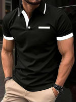 Camisa Polo Para Hombre Moda Negocios Casual Cuello Redondo Manga Corta Formal Rayas Patchwork Verano Negro Camiseta Ropa Hombre - details 2
