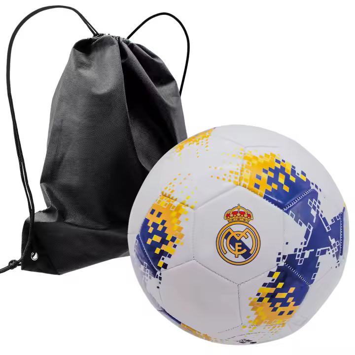 Balón Real Madrid Diseño Pixel Nº60 Talla 5 Producto Oficial + Mochila Negra para Llevarlo a la Playa, Piscina, Campo - 1