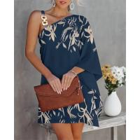Vestido De Hombros Descubiertos Para Mujer Verano Estampado Moderno Con Cuello Diagonal Y Manga Bate Con Cordón Metálico Vestido Suelto De Color Sólido Para Oficina - details 4