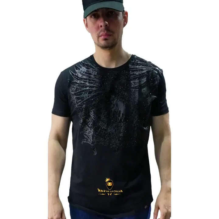 Camiseta Left Point Negra Pedrería Brillante Águila - 1