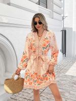 Vestido Elegante Para Mujer Con Manga Larga Y Cuello En V Estampado Con Cierre De Lazo Vestido Corto De Verano A-Line Regular Fit Polyester - details 2