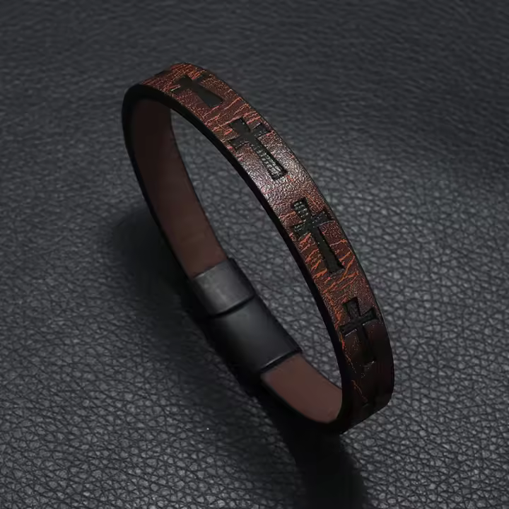 Pulsera De Cuero Hiphop Rock Para Hombres Con Hebilla Magnética Cruzada Accesorios Casuales Joyería Punk Pulsera Brazalete - 1