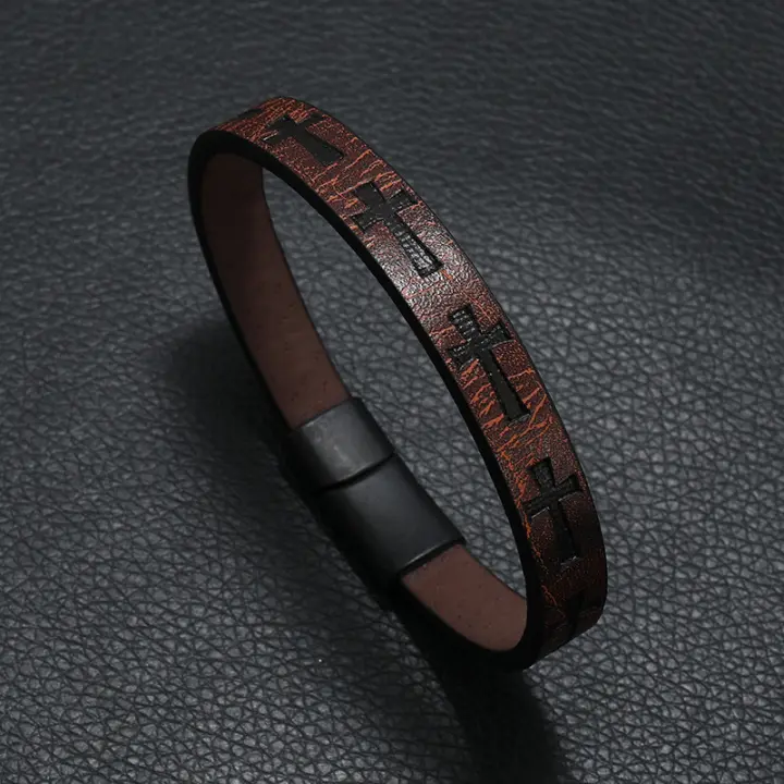 Pulsera De Cuero Hiphop Rock Para Hombres Con Hebilla Magnética Cruzada Accesorios Casuales Joyería Punk Pulsera Brazalete - 1