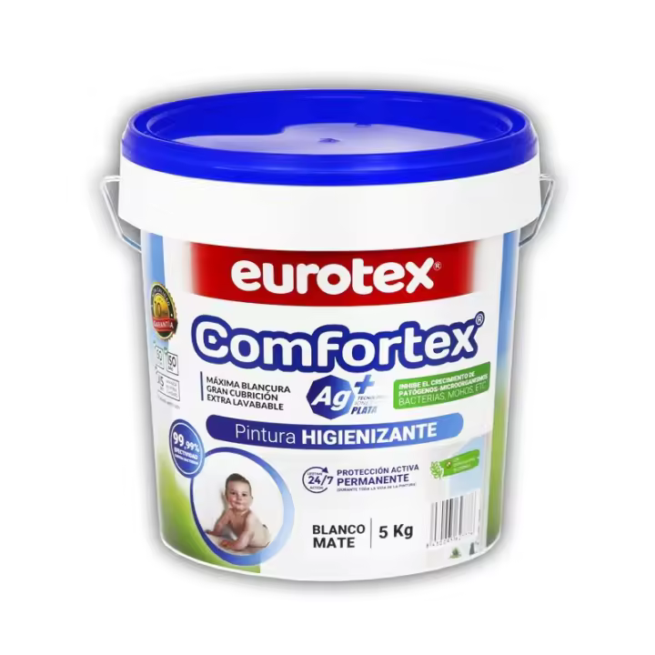 EUROTEX Pintura Higienizante Comfortex AG+ con Tecnología de Iones de Plata - Pintura Plástica Blanca Interior y Exterior - Evita el crecimiento de Virus y Microorganismos - 1