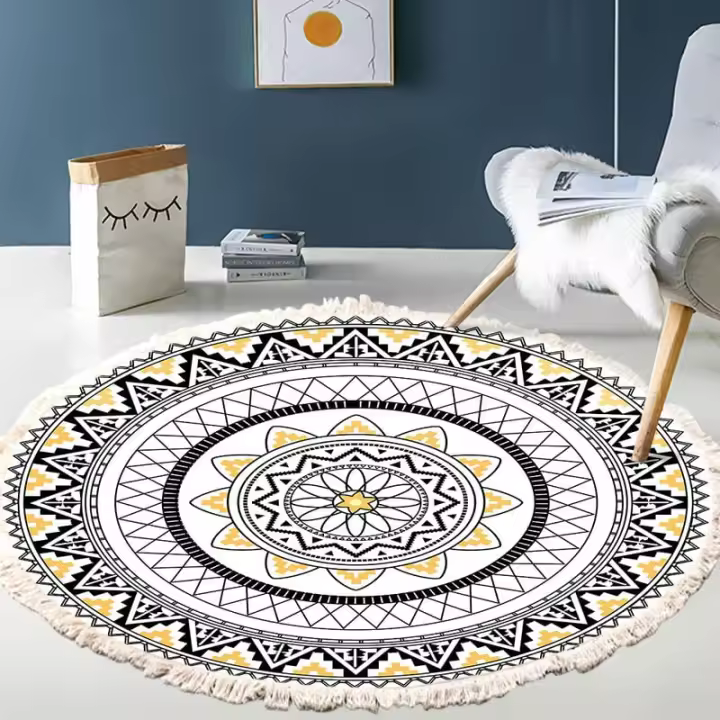 SOMY Alfombra de mandala redonda vintage de 60 cm, alfombra para sala de estar, dormitorio, hogar, alfombra de algodón trenzada, alfombra lavable - 1