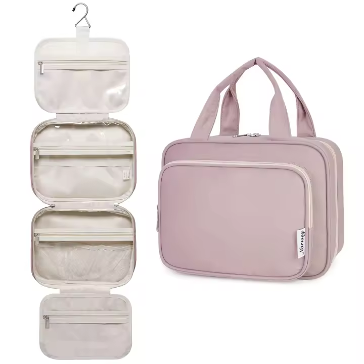 Neceser de viaje colgante para mujer, organizador de accesorios de maquillaje, color rosa empolvado - Tamaño mediano - 1