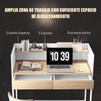 HOMCOM Escritorio Moderno Mesa de Escritorio con 2 Cajones y Estante Mesa de Estudio para Oficina Dormitorio 106x51,5x102,5 cm Blanco y Roble - details 0