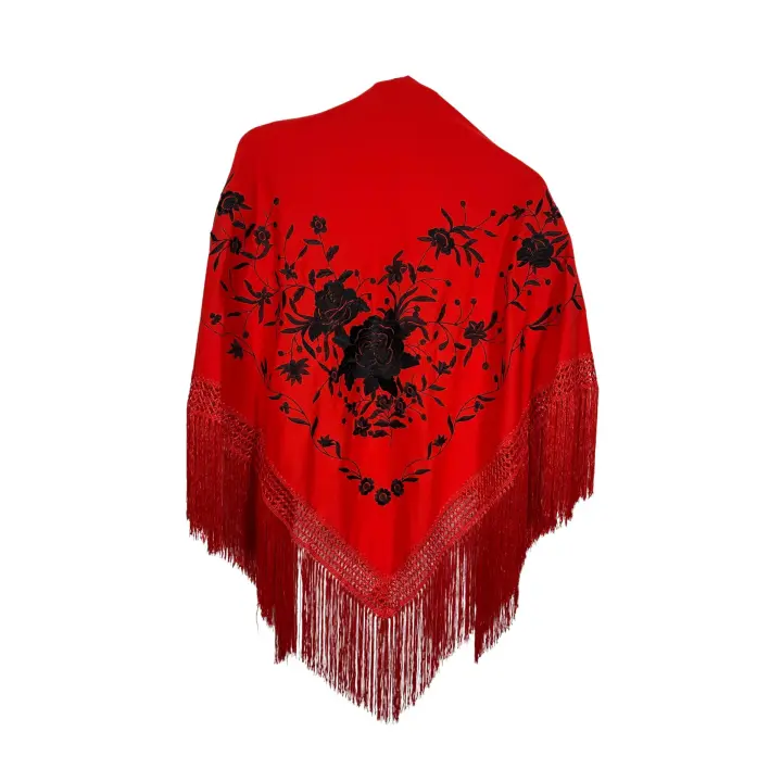 Mantón de manila de pico rojo con bordado negro (160cm x80cm sin fleco) - 1