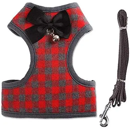 Pet Harness + Pet Leash - Classic Plaid Kitty Lead Rope Puppy Harness Set for Small Dogs Large Cats (M, Red Plaid) - 1