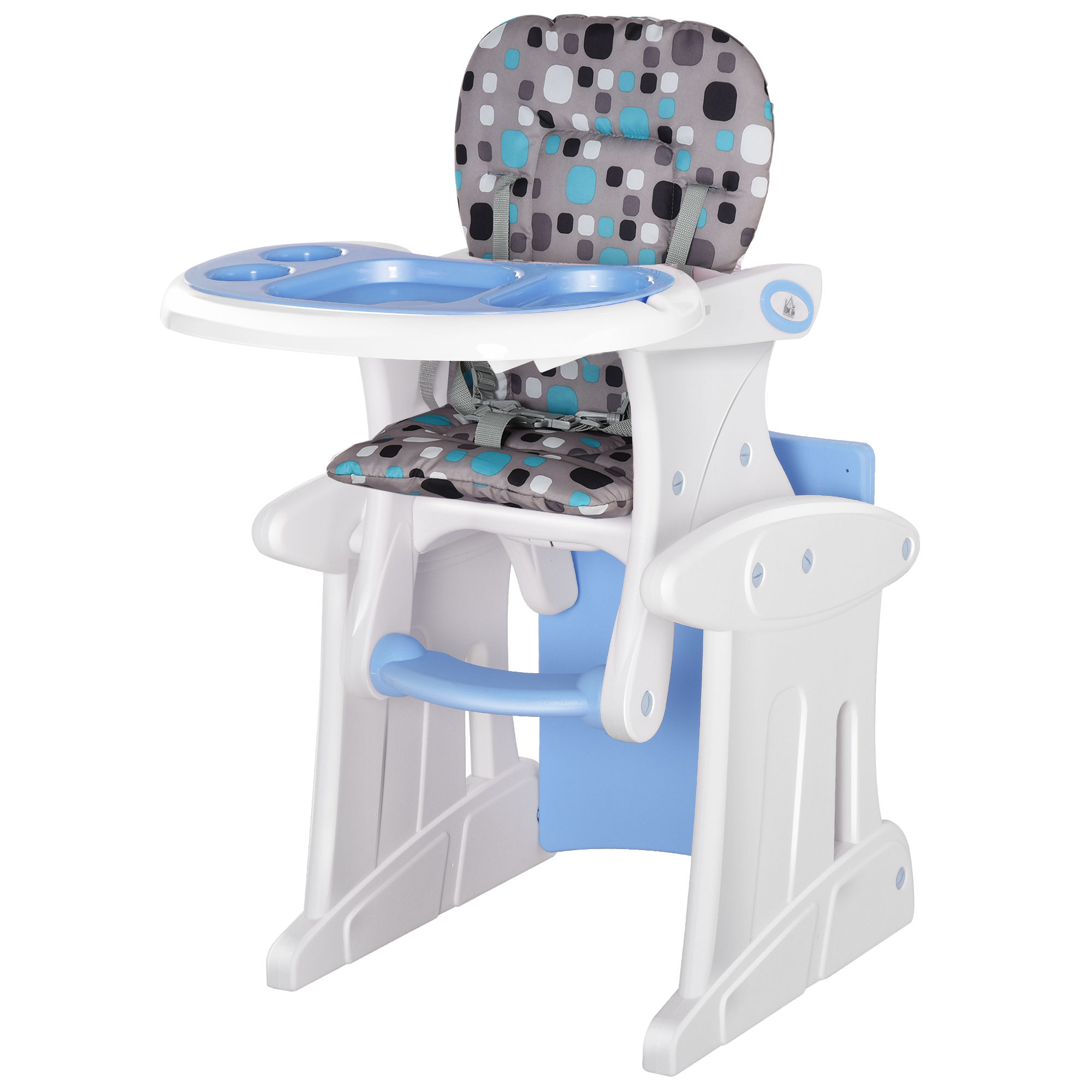 HOMCOM Trona para Bebés 2 en 1 para 6 Meses a 6 Años Transformable en Mesa y Silla Multifuncional Ajustable en 3 Posiciones Respaldo Alto Acolchado con 2 Bandejas Extraíbles 57x59x105 cm
