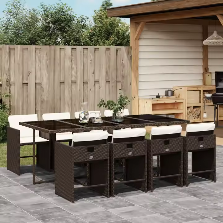 vidaXL Set comedor para jardín 9 pzas y cojines ratán sintético marrón - 1