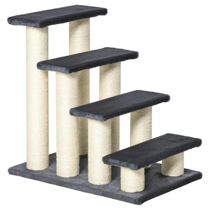 PawHut Escalera para Mascotas 60x42x61 cm Escalera para Gatos Perros Mayores Enfermos Pequeños Cubierta Suave de Peluche Rascador de Sisal Estable 4 Pasos Gris - 1