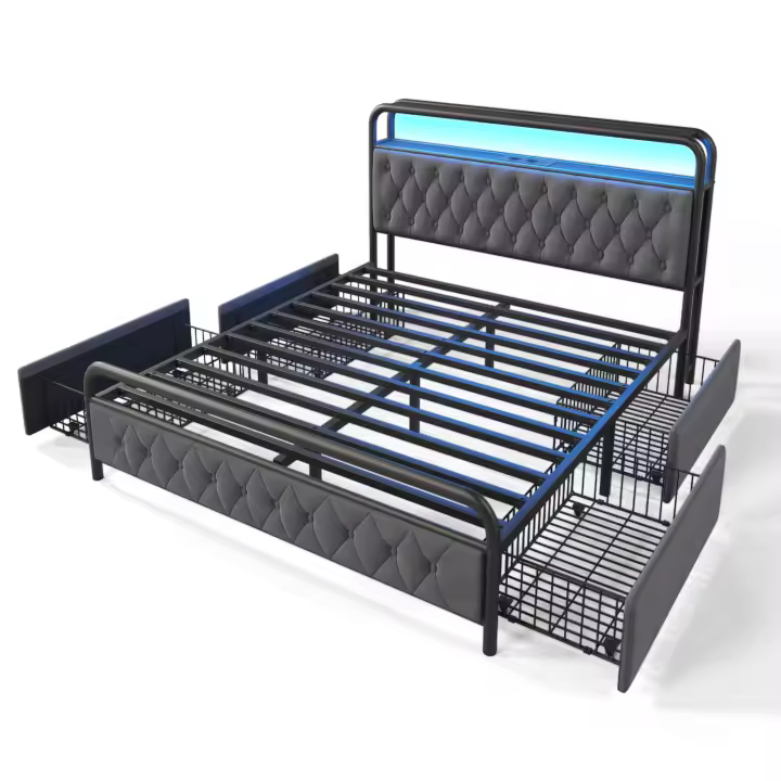 Cama Upholsted Cama Doble with Carga USB Función de carga de type C Marco de Cámara LED controlado por APP Cama de metal 160x200 Marcos de Cama Y 4 bolsillos, terciopelos (with colchón) - 1