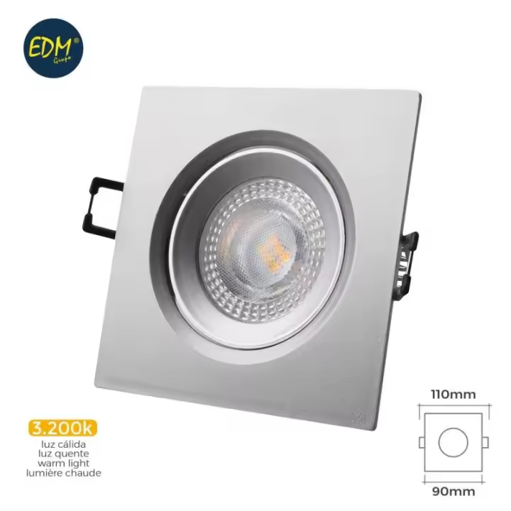 Edm Aro Led Empotrable 5W 380lm 3200K Cuadrado Cromo - Alta Luminosidad - 1
