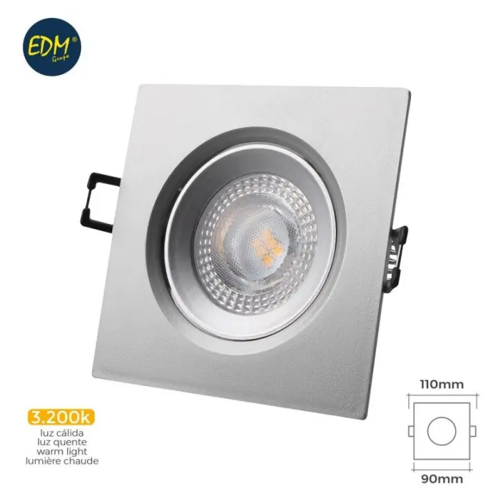 Edm Aro Led Empotrable 5W 380lm 3200K Cuadrado Cromo - Alta Luminosidad - 1
