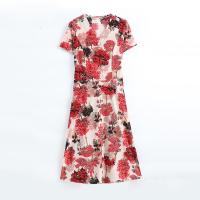 Vestido Midi Vintage De Verano Para Mujer Con Cuello En V Y Estampado Casual A-Line Manga Corta Cintura Ajustada - details 15